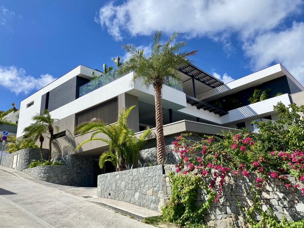 Modern hillside villa in St Barts with sleek architecture, palm trees, and stone walls, part of luxury villas St Barths