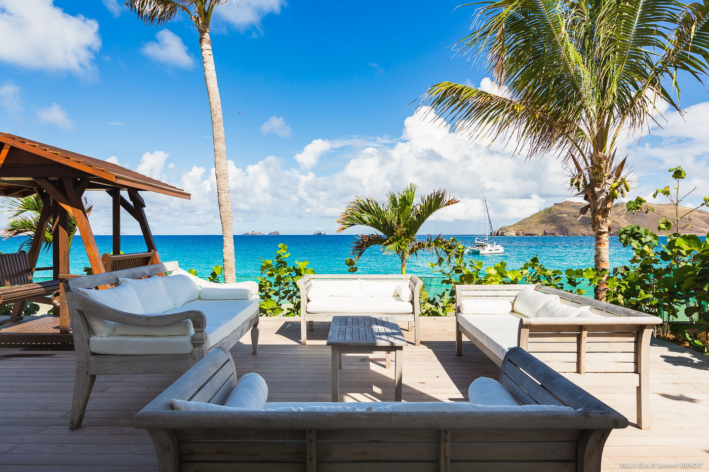 The outdoor area of Villa Jnana in St. Barts features a refreshing sea breeze and captures the relaxed vibe of the Caribbean.