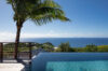 Infinity pool at a St Barts villa with ocean views framed by a swaying palm tree and clear blue sky.