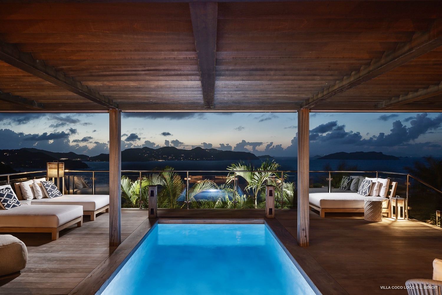 Villa Cocoloco in St Barts, a relaxed island setting at night near the plunge pool.