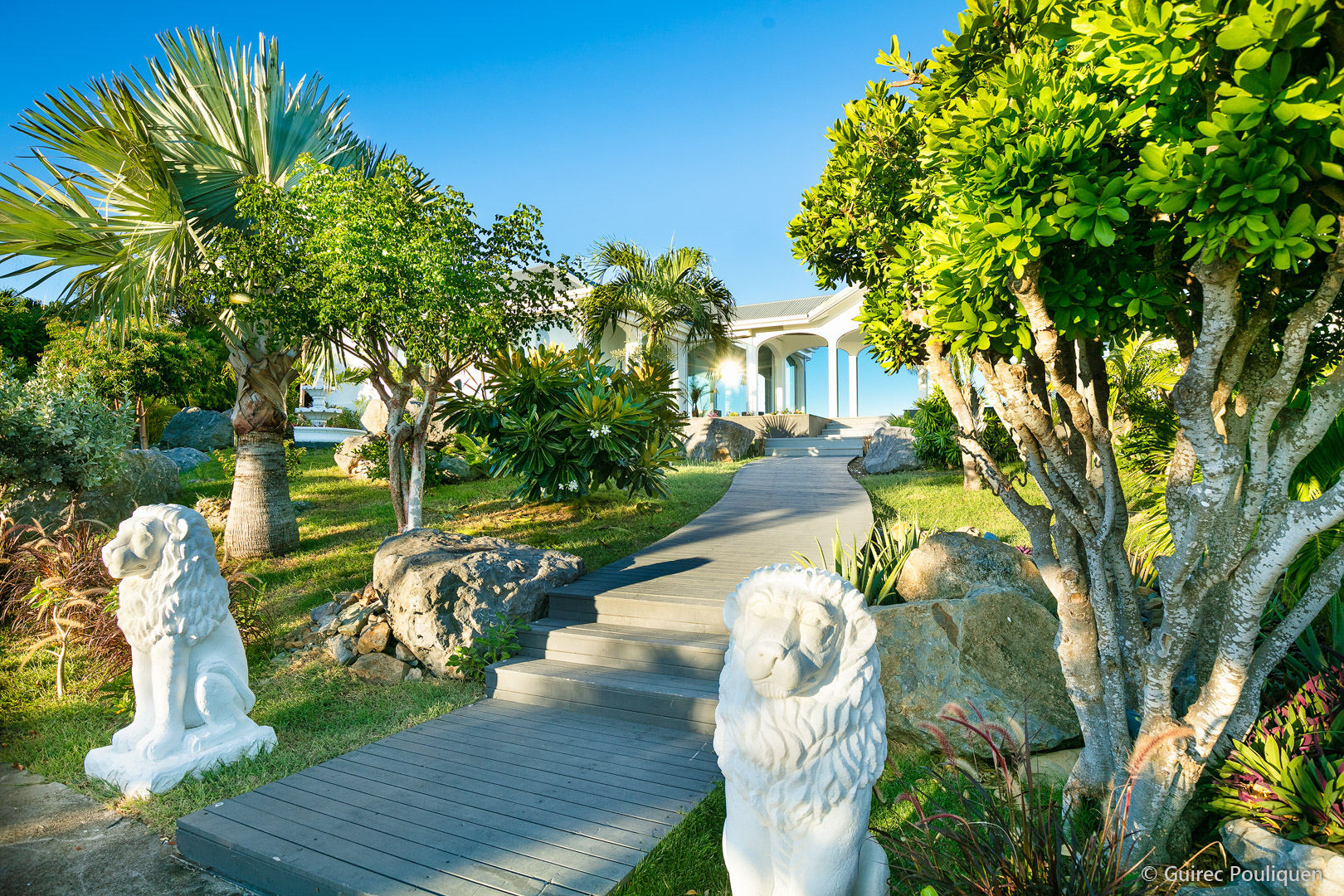 A beautifully landscaped tropical garden with a stone and wood walkway leading up a slight incline towards the white villa. Two white lion statues sit on either side of the path, surrounded by palm trees and lush greenery.