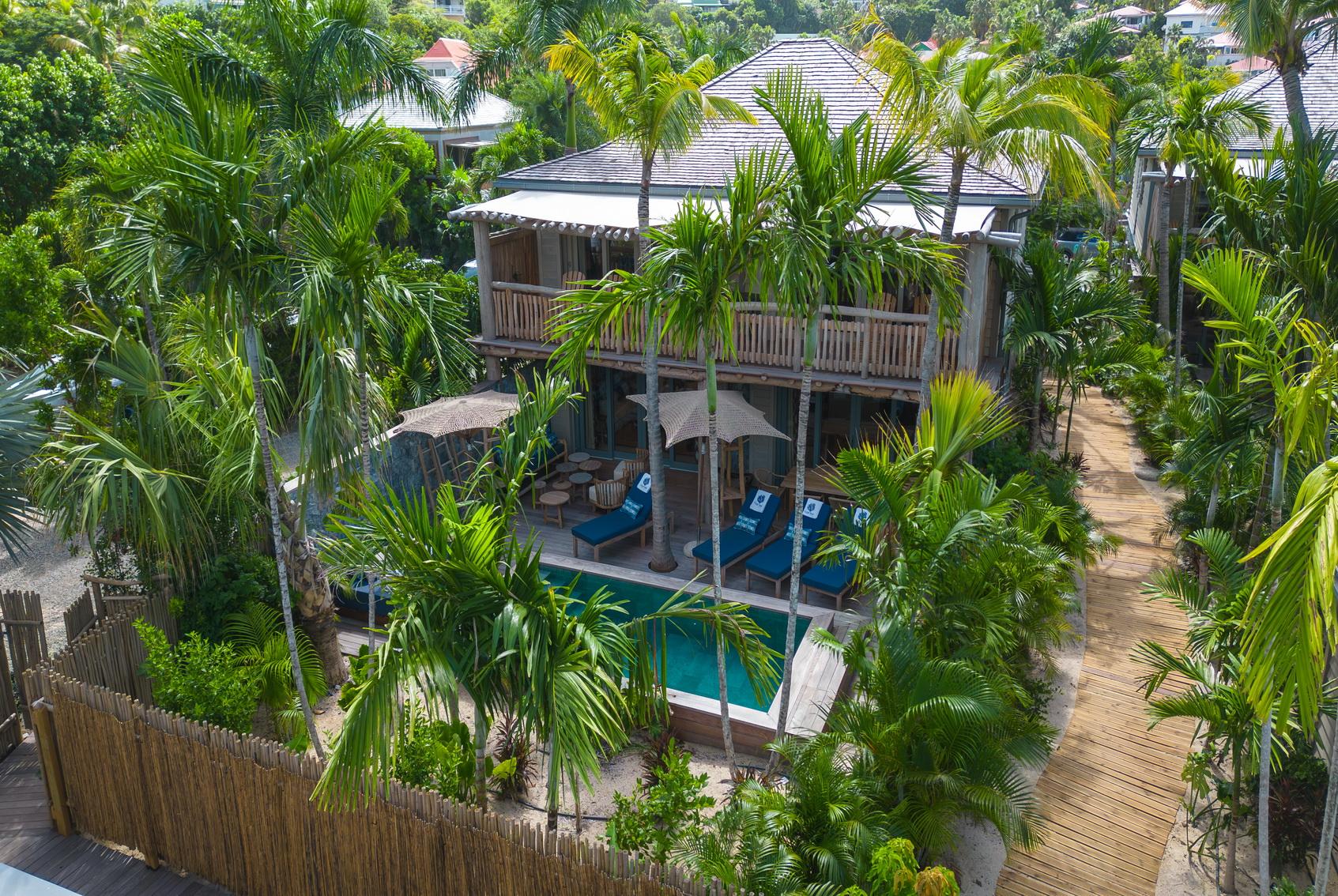 Front aerial view of Villa Coco Mango in St. Barts, featuring island light, sea breeze, and a relaxed Caribbean atmosphere.