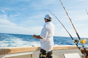 Guest enjoying deep-sea fishing excursion in St Barts with fishing rods and open ocean views.