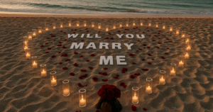 Romantic beachside proposal in St Barts with heart of candles and ‘Will You Marry Me’ in the sand.